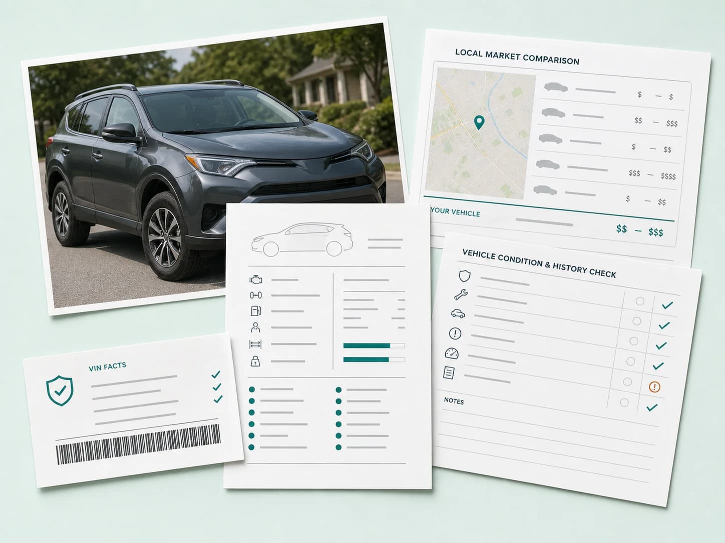 Vehicle photo, VIN facts, market comparison, and condition checklist spread as paper evidence