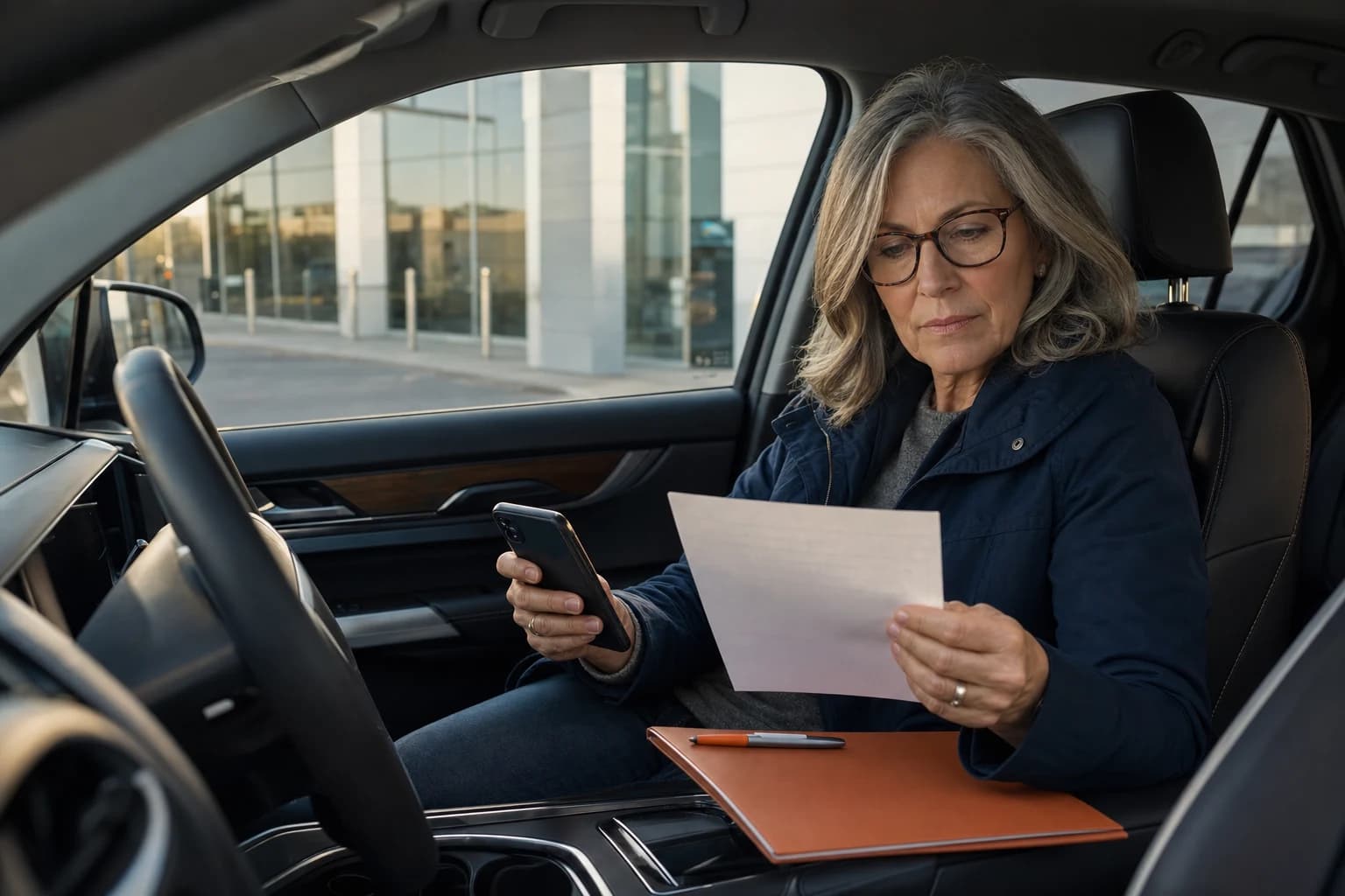 Prepared car buyer reviewing paperwork and using Ask Bobby J from the driver's seat