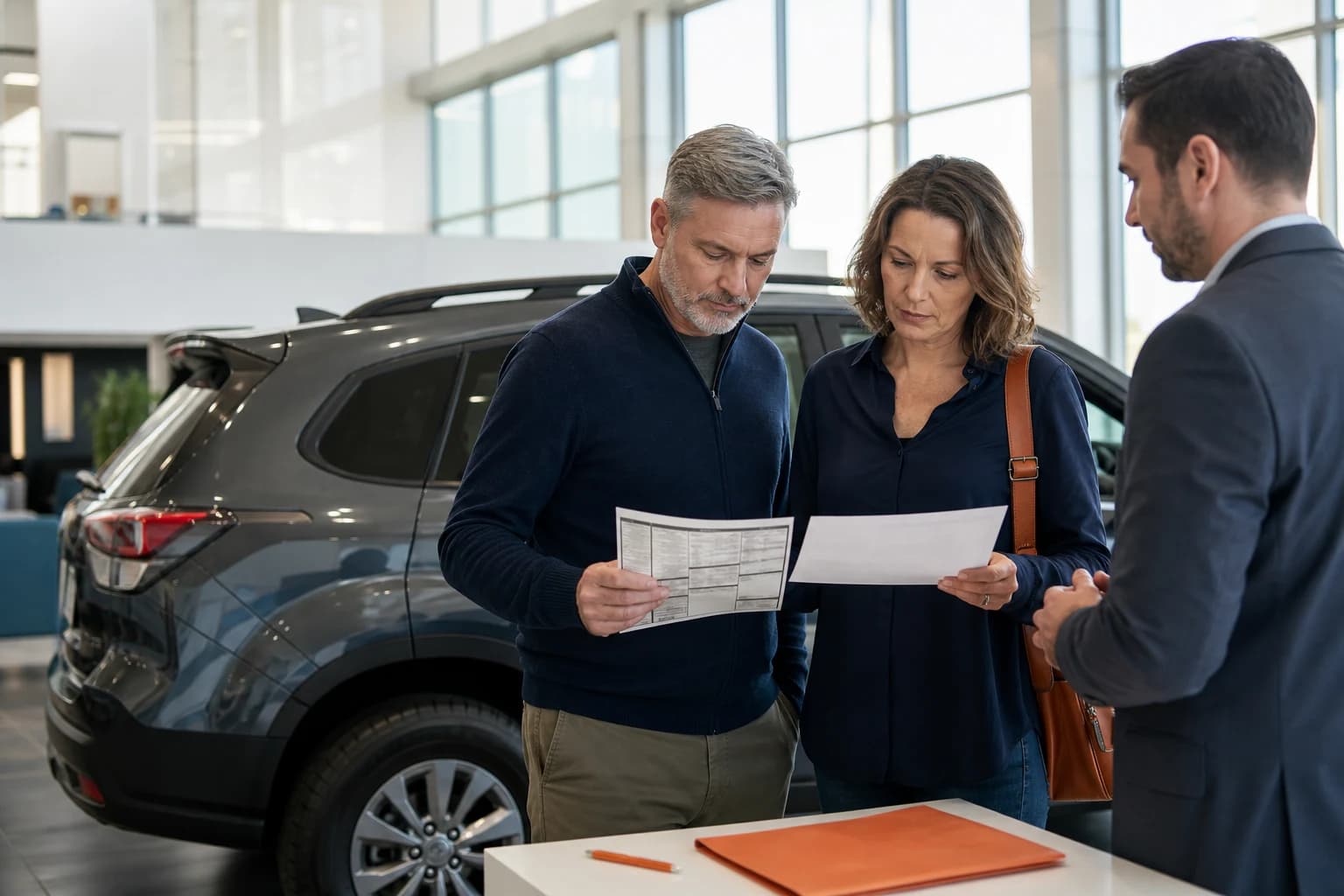 Two car buyers reading dealership paperwork beside a new vehicle